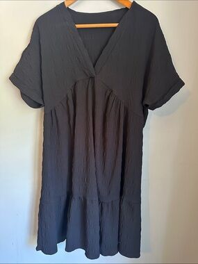 Curvy Spring and Summer Staple Black Dress with V neck and Ruffle Hem, 0x